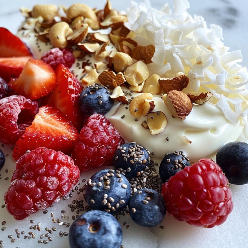 Close-up of keto Greek yogurt parfait with berries and nuts.