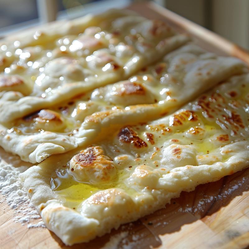 Close-up of Greek yogurt flatbread on a wooden board.