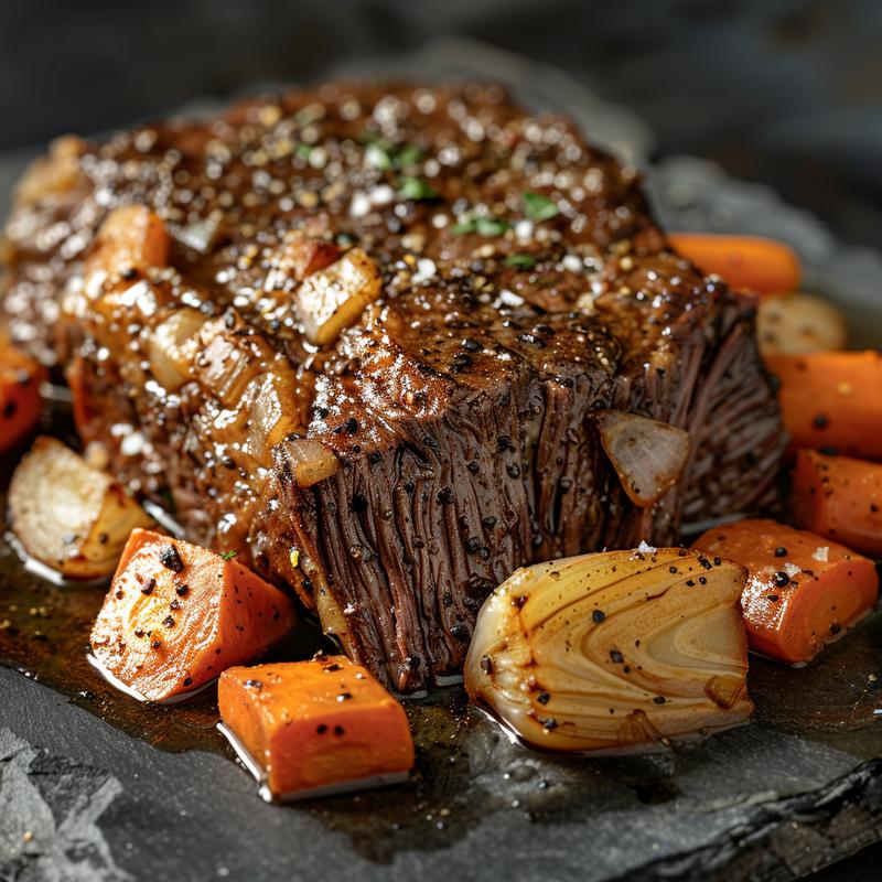 Close-up of pot roast with vegetables on a dark surface.