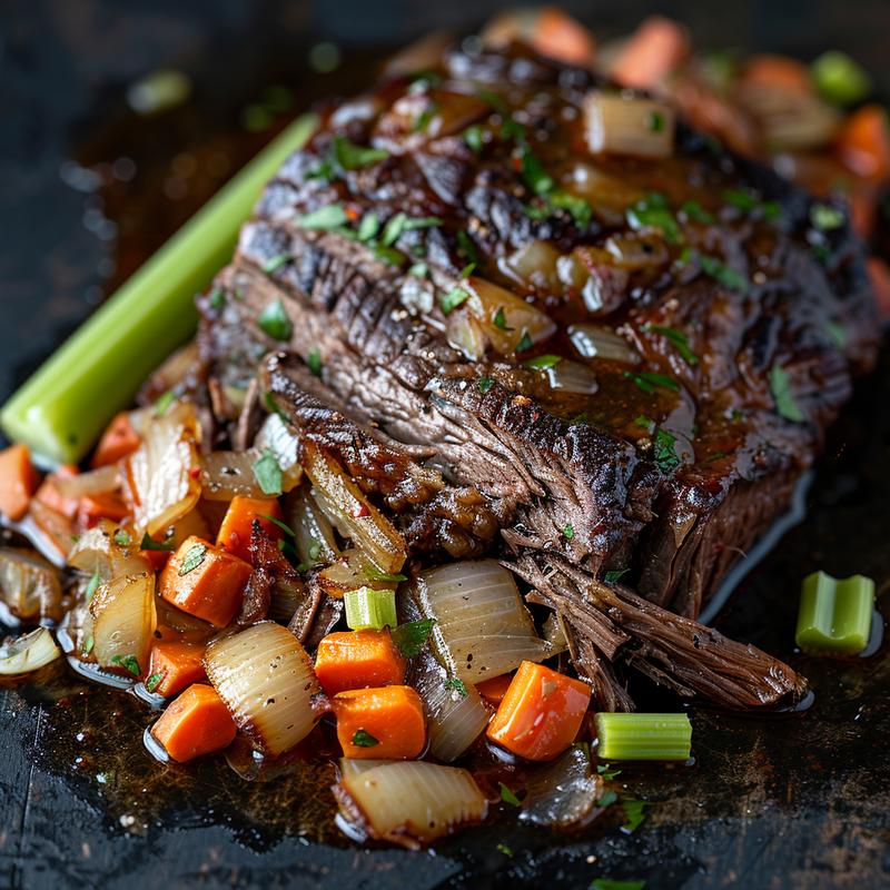 Close-up of pot roast with vegetables on a dark wooden table.