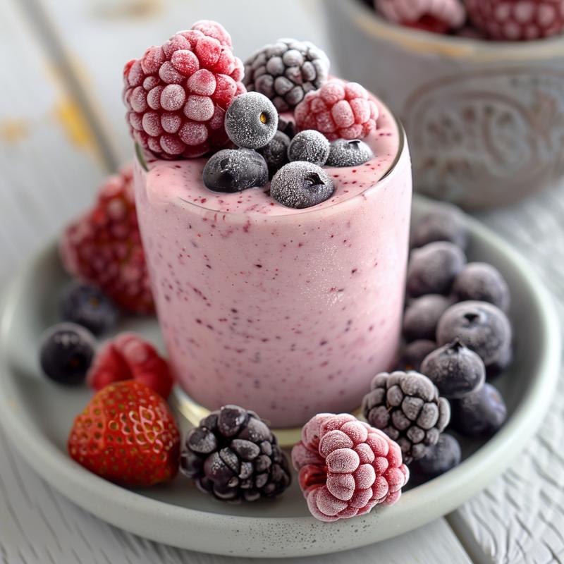 Close-up of a berry smoothie with visible berries and yogurt.