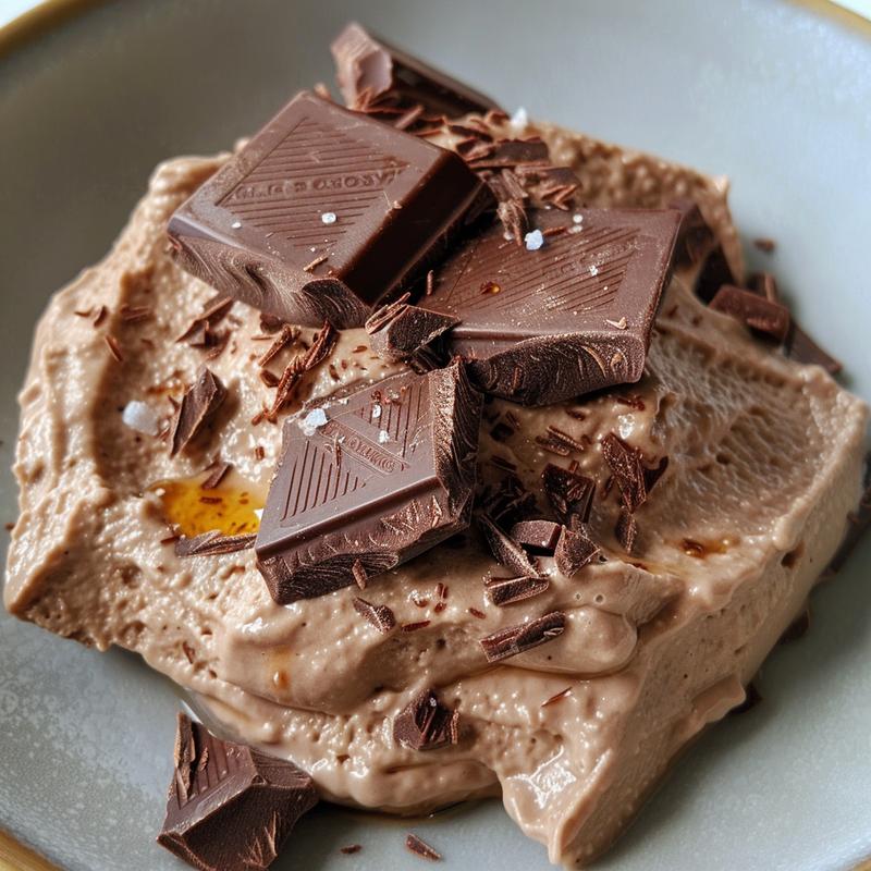 Close-up of chocolate mousse with visible yogurt texture on a light grey plate.