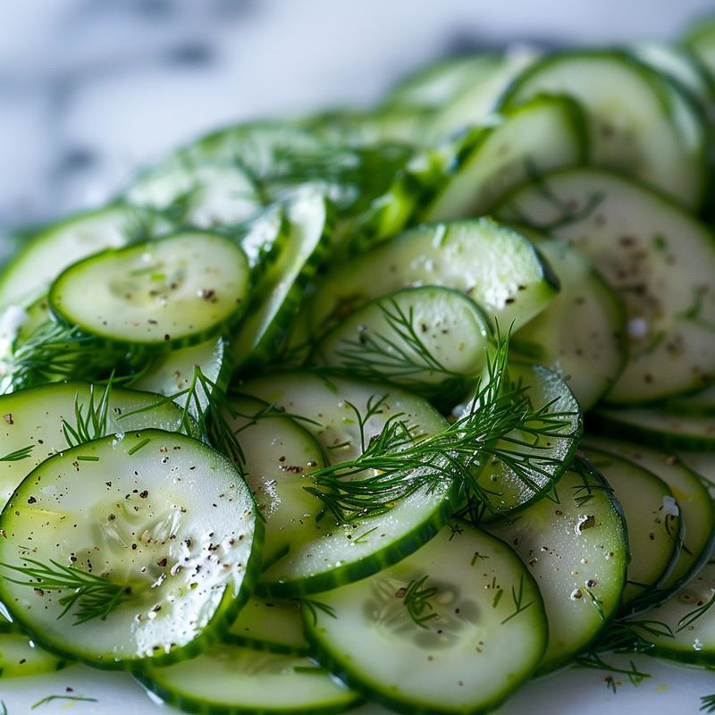 Close-up of cucumber yogurt salad with visible dill and lemon.