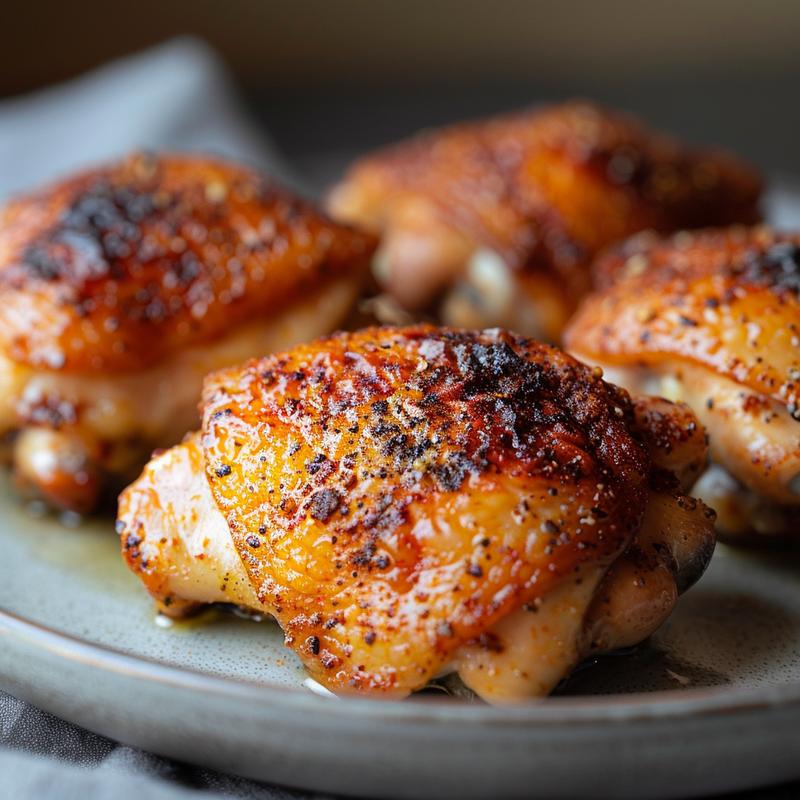 Close-up of seasoned oven-baked chicken thighs on a grey plate.