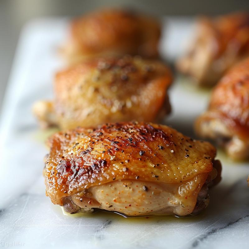 Close-up of cooked chicken thighs on white marble.