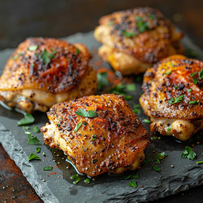 Close-up of seasoned air fryer chicken thighs on a slate plate.