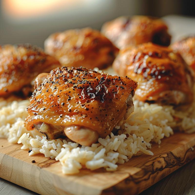 Close-up of seasoned chicken thighs and rice on a wooden board.