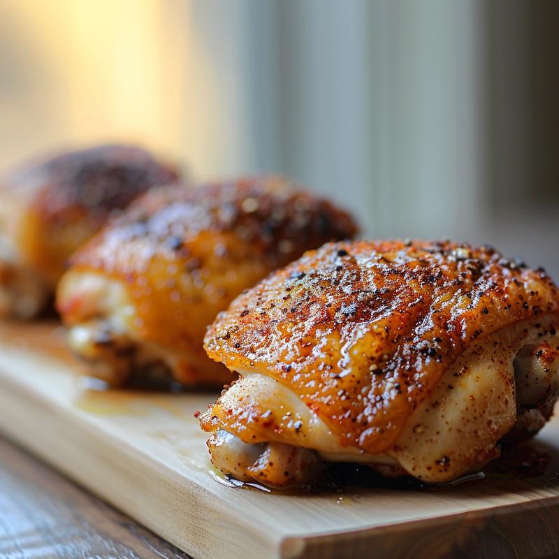 Close-up of seasoned chicken thighs on a wooden board.