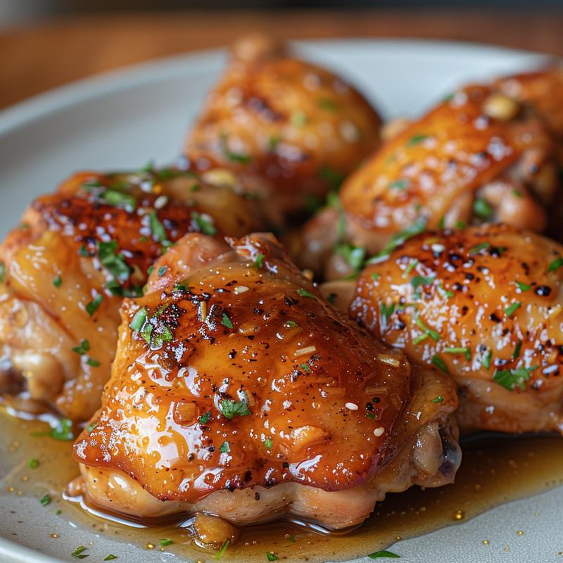 Close-up of glazed chicken thighs on a gray plate.