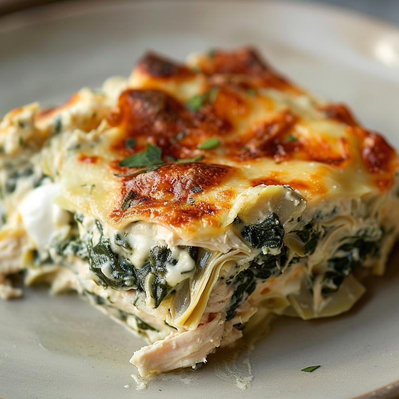 Close-up of creamy spinach artichoke chicken casserole on a gray plate.
