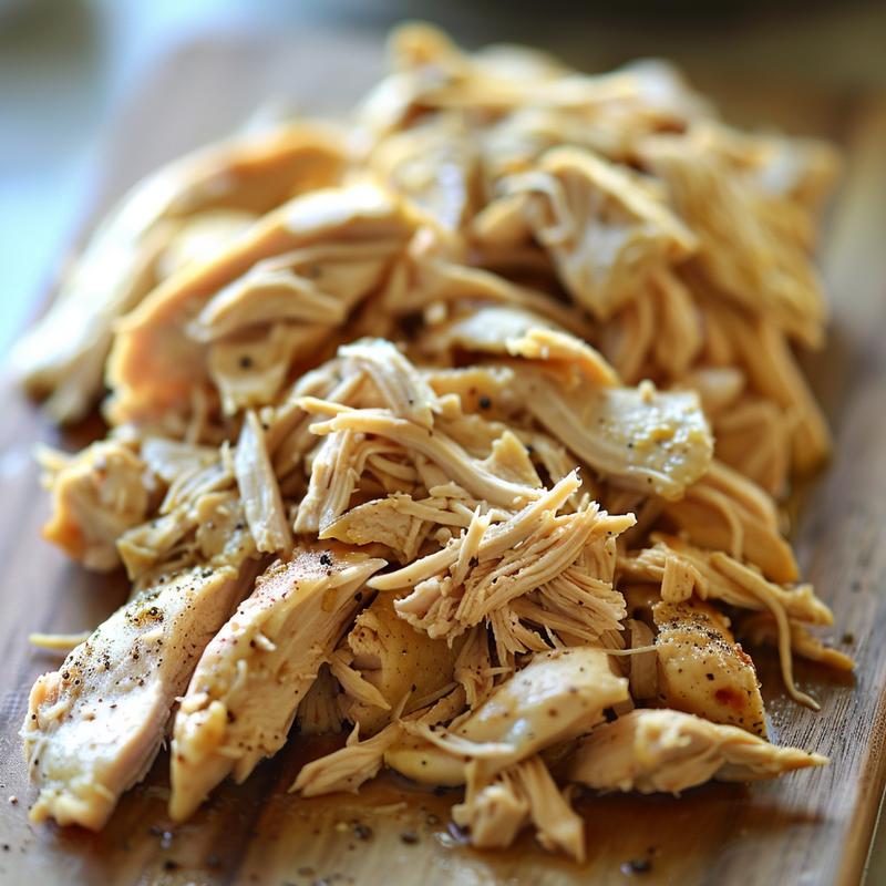 Close-up of shredded chicken on a light wood board.