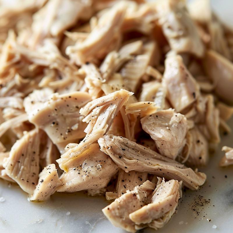 Close-up of shredded chicken on white marble.