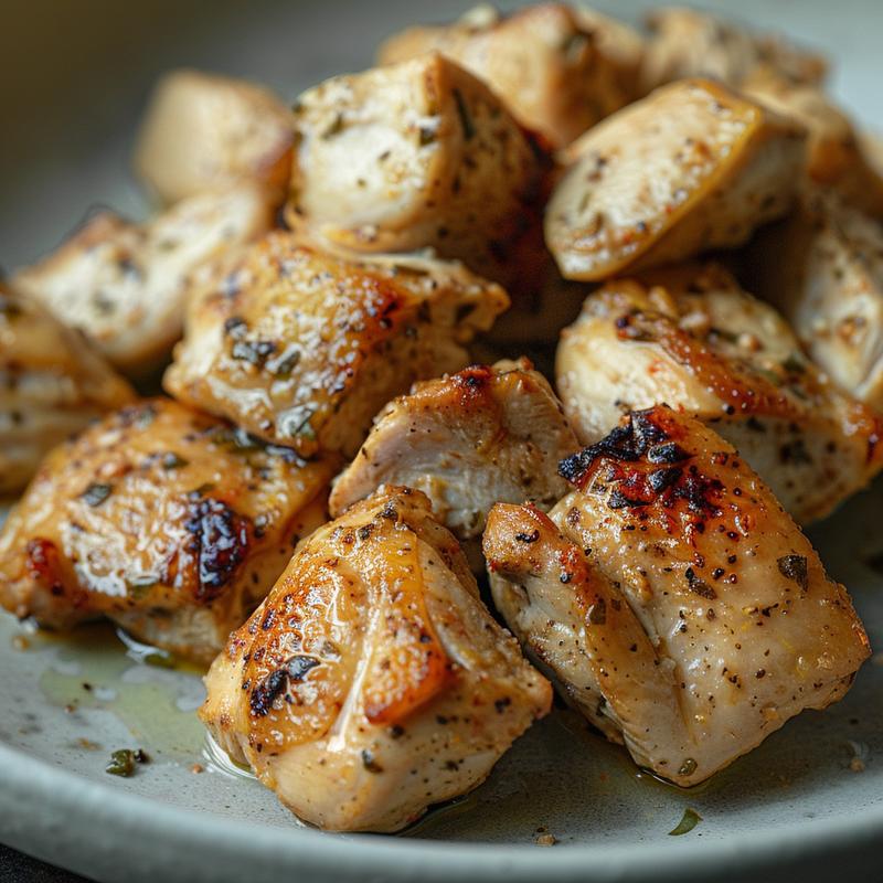 Close-up of yogurt-marinated chicken on a light grey plate.