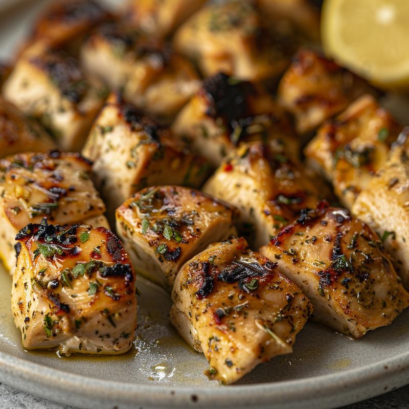 Close-up of marinated chicken pieces on a plate.