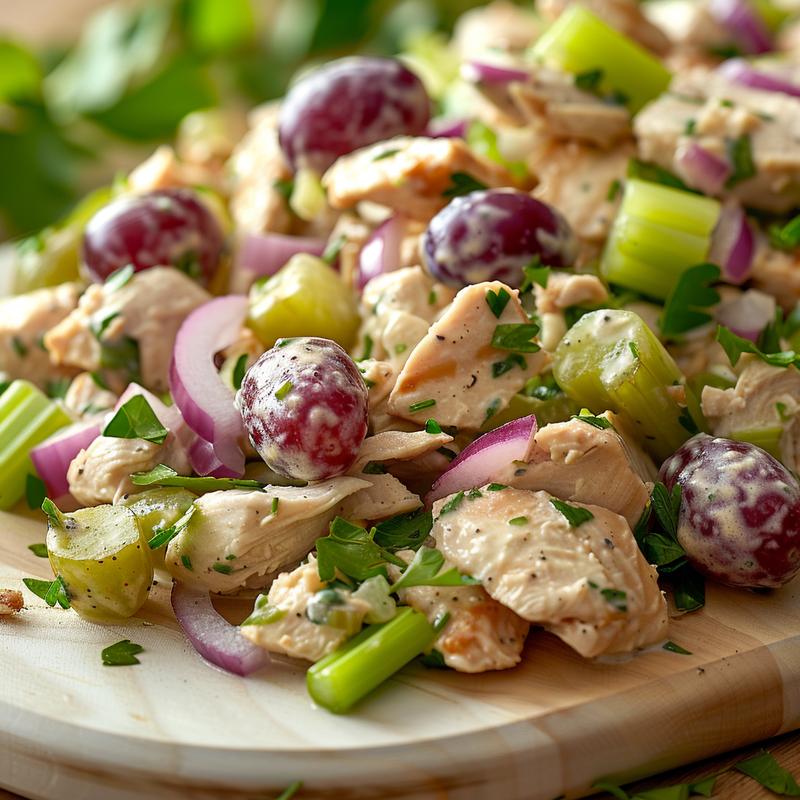 Close-up of creamy chicken salad with visible chicken, grapes, and celery on a light wood surface.