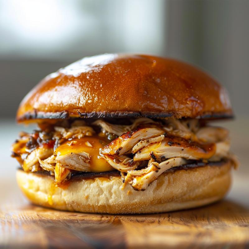 Close-up of an Ohio shredded chicken sandwich on a wooden board.