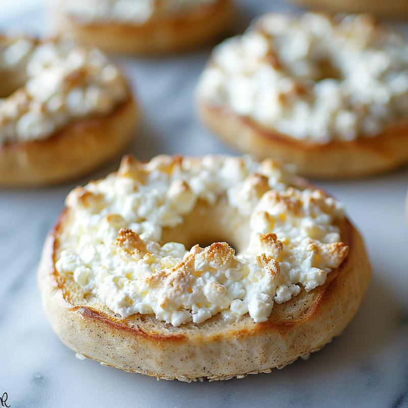 Close-up of almond flour cottage cheese bagels on white marble.