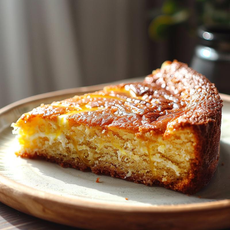 Close-up of a slice of keto yogurt cake on a light wood board.