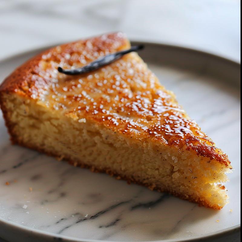 Close-up of a slice of flourless vanilla bean Greek yogurt cake.