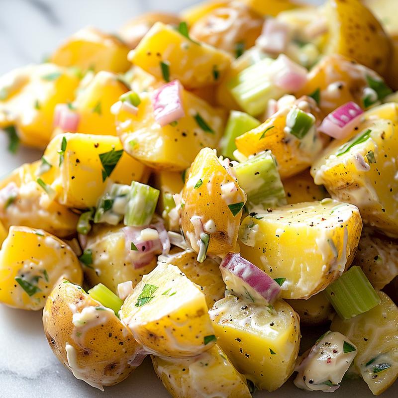 Close-up of Greek yogurt potato salad showing potatoes, yogurt, onion, and celery.