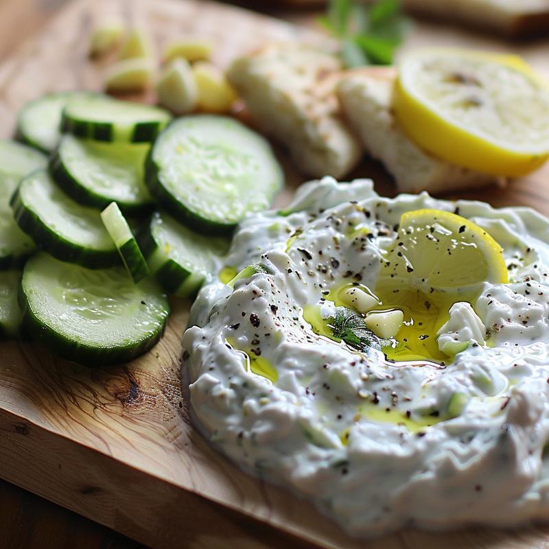 Close-up of creamy tzatziki sauce with visible cucumber and garlic.