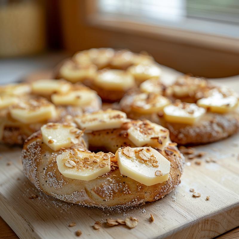 Close-up of a protein bagel on a light wood board.