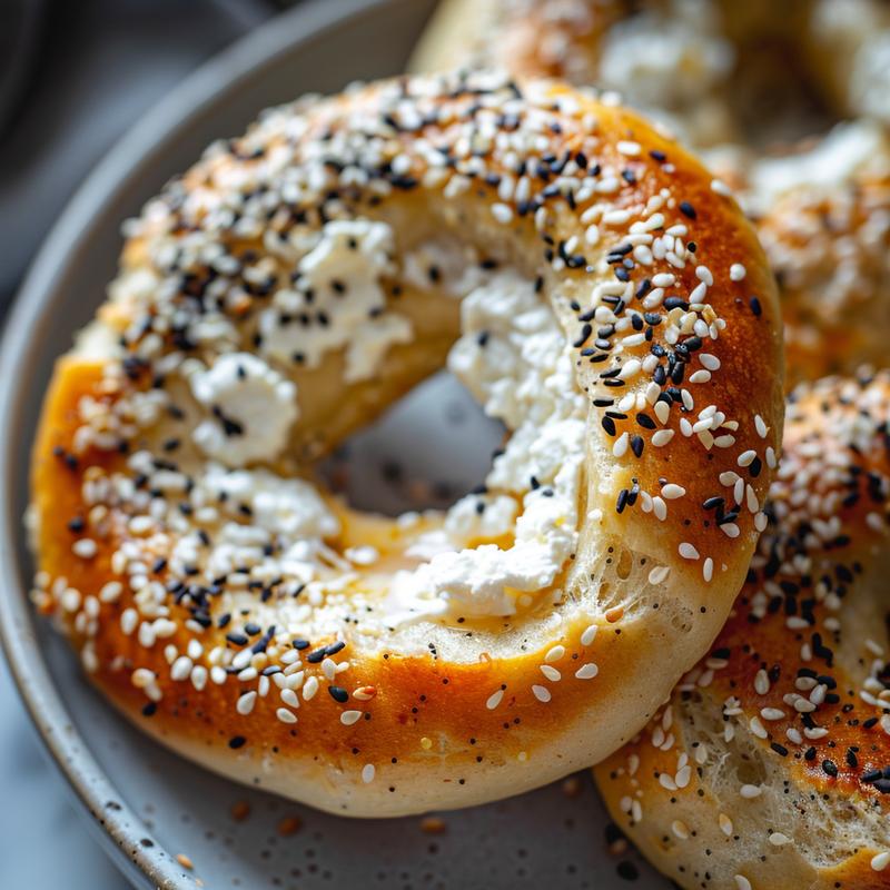 Close-up of a cottage cheese bagel topped with everything bagel seasoning.