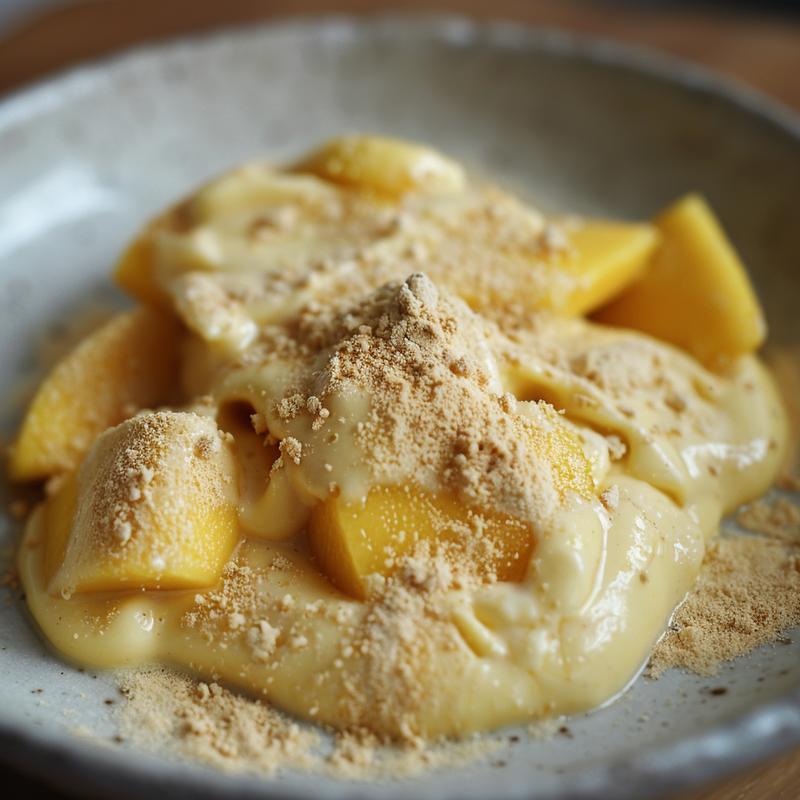 Close-up of a mango greek yogurt protein smoothie showing mango chunks.