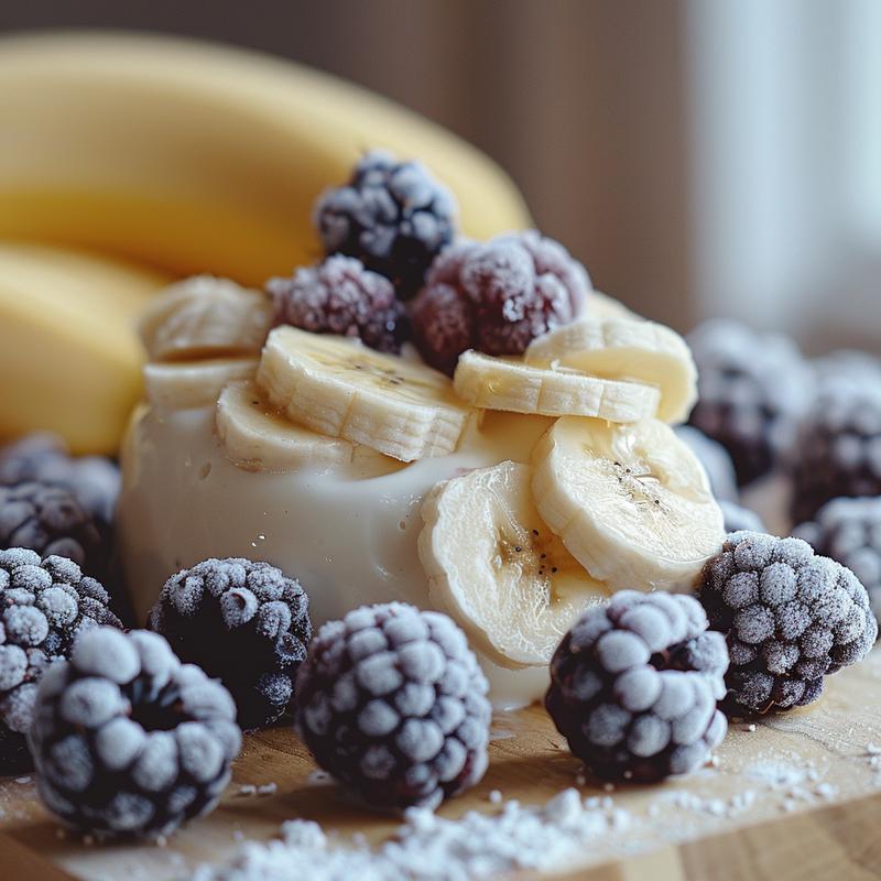 Close-up of a creamy Greek yogurt smoothie with visible fruit pieces on a light wood surface.