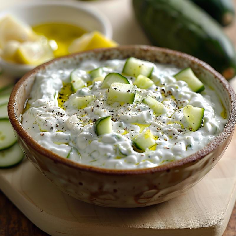 Close-up of creamy tzatziki sauce with cucumber and herbs.