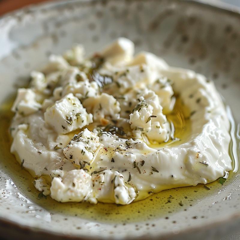 Close-up of savory garlic feta yogurt on a light grey plate.