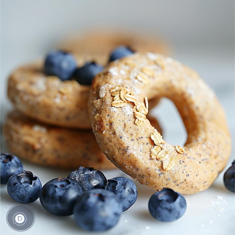 Close-up of a textured high protein blueberry bagel on a white marble surface.