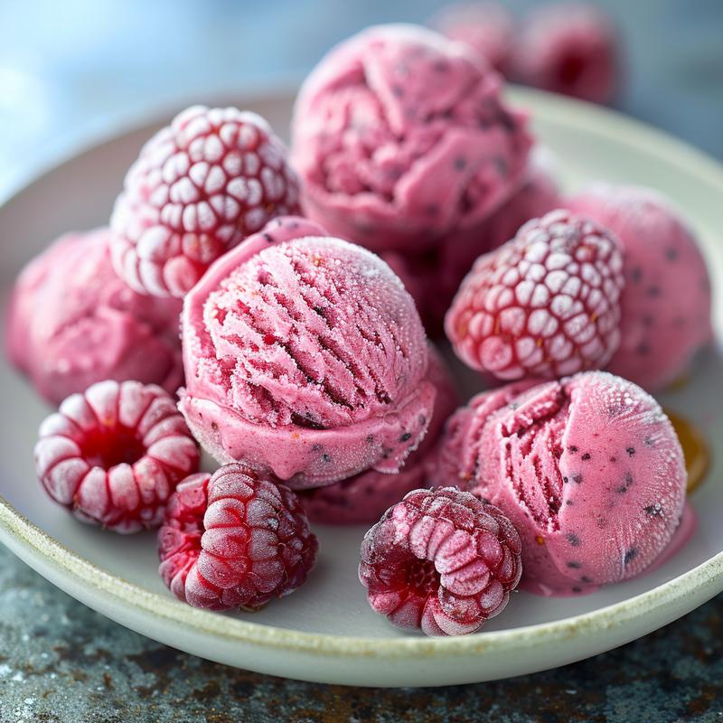 Close-up of raspberry frozen yogurt with visible raspberries on a light grey plate.