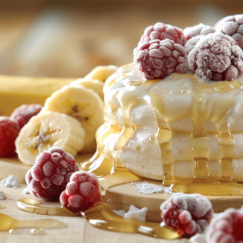 Extreme closeup of a Greek yogurt smoothie highlighting fruit and yogurt textures.