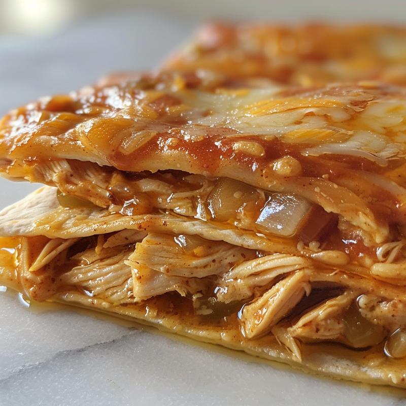 Close-up of chicken enchiladas with sauce and visible ingredients.