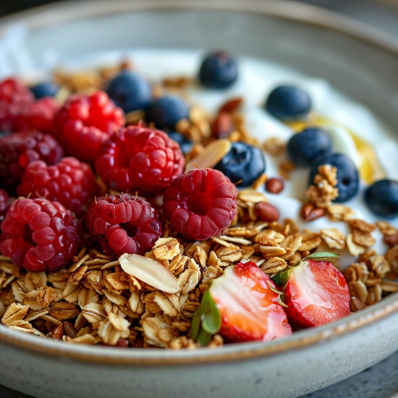 Close-up of yogurt granola bowl with berries.