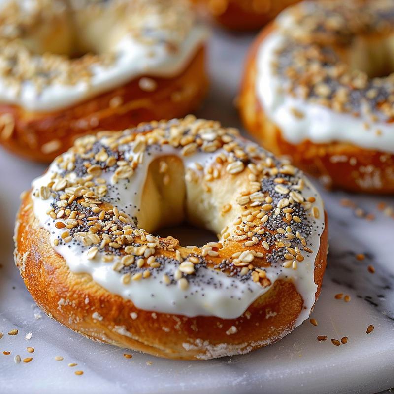 Close-up of a bagel topped with seeds on a marble surface.