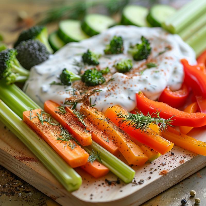 Close-up of Greek yogurt ranch dip surrounded by fresh vegetables.