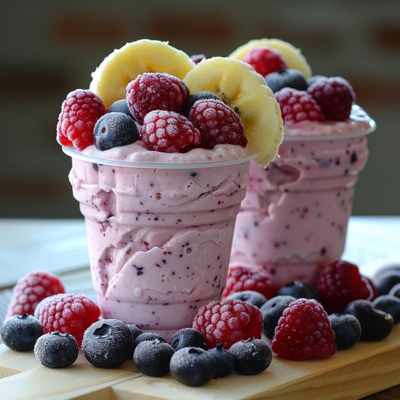 Close-up of a fruit smoothie with visible berries and banana.
