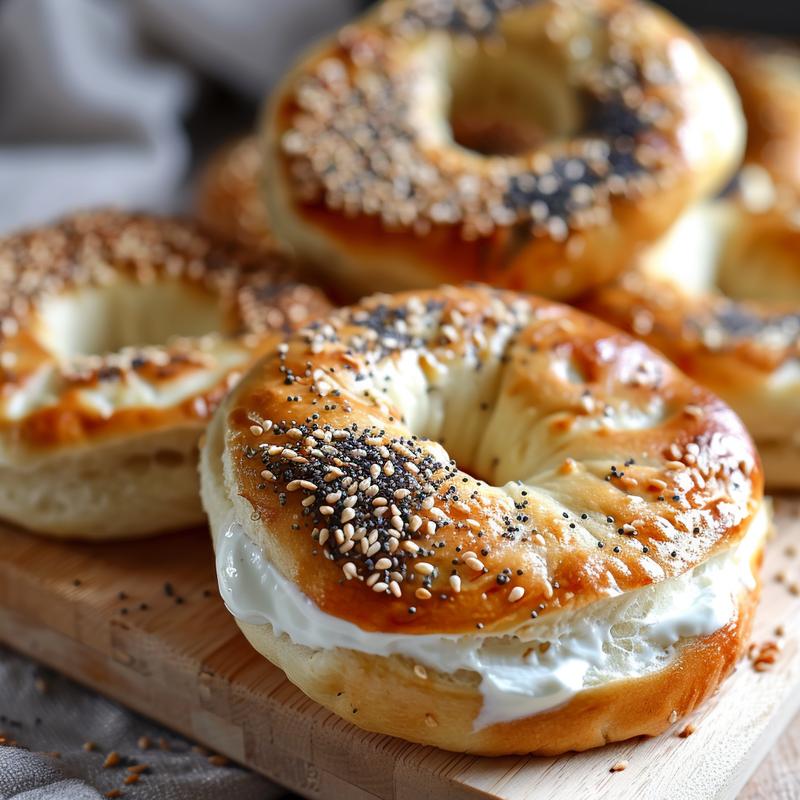 Close-up of a high-protein bagel with everything bagel seasoning on a wooden board.