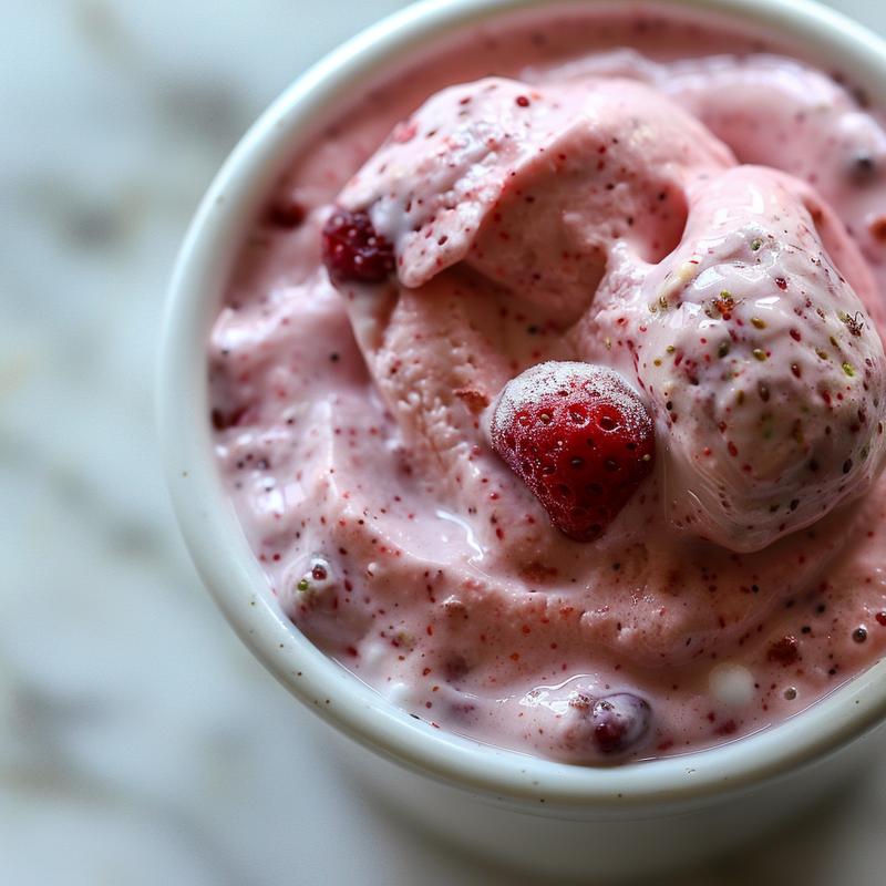 Close-up of a creamy pink strawberry smoothie.