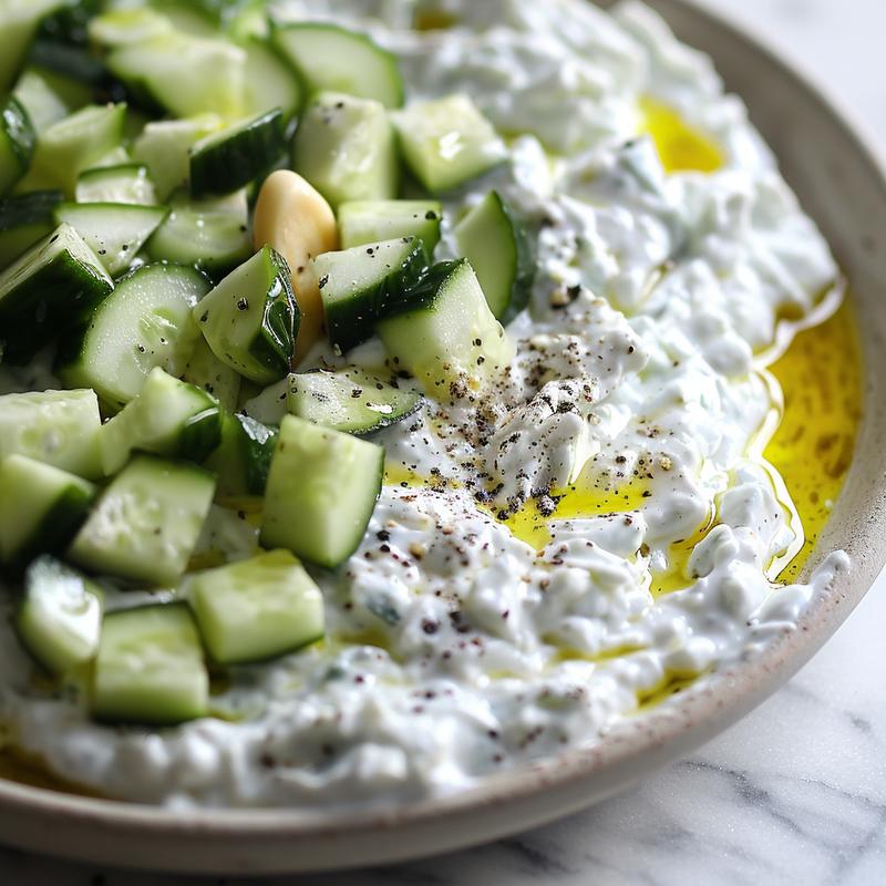 Close-up of creamy tzatziki with visible cucumber and garlic.