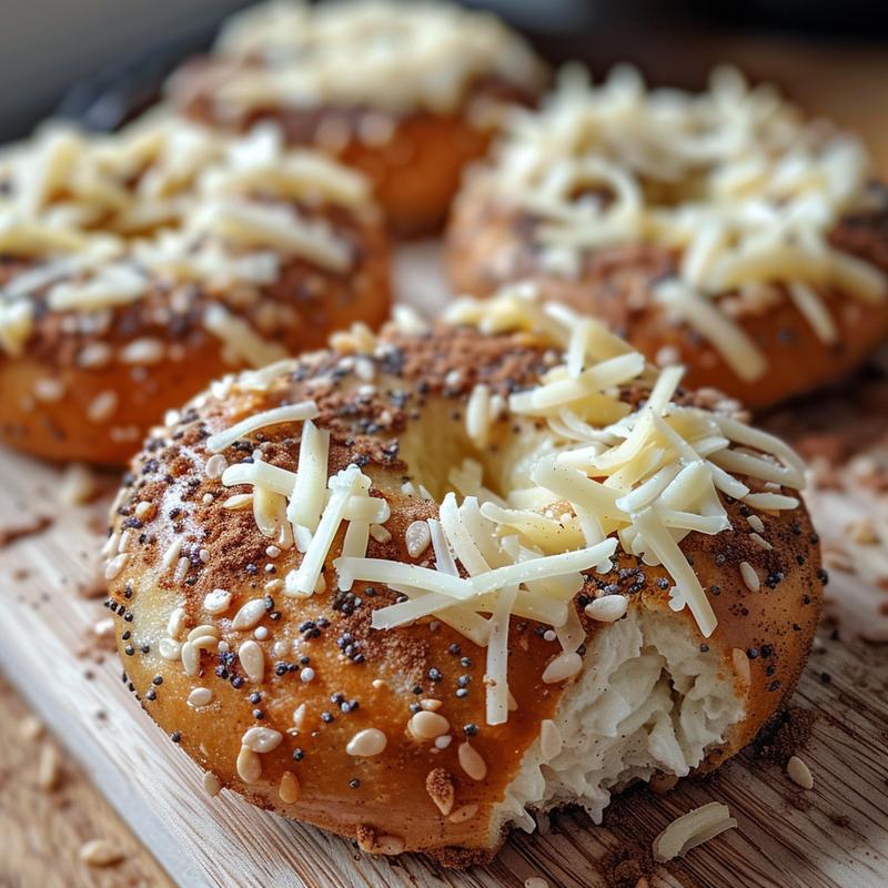 Close-up of air fryer bagels on a wooden board.