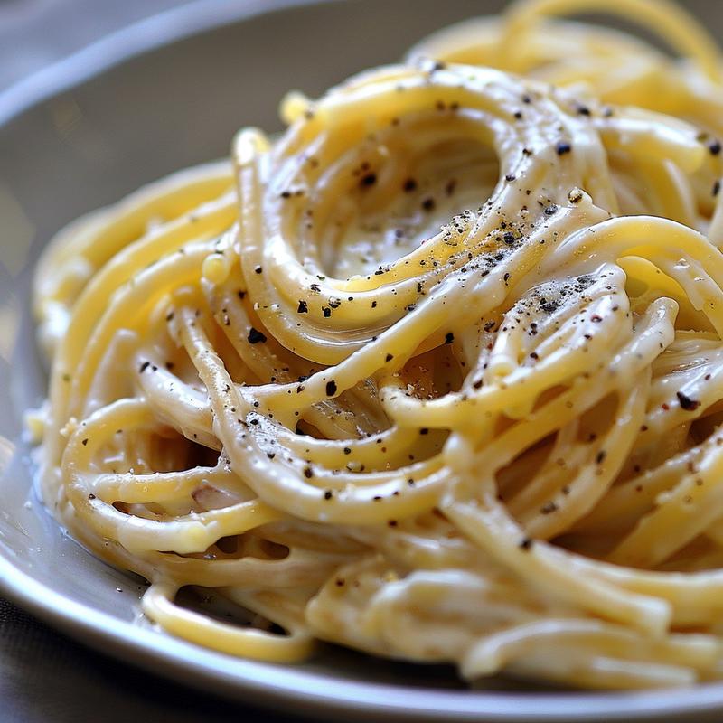 Close-up of creamy Greek yogurt pasta on a light grey plate.
