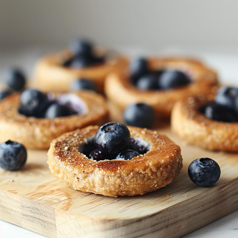 Close-up of three blueberry bagels on a light wooden surface.
