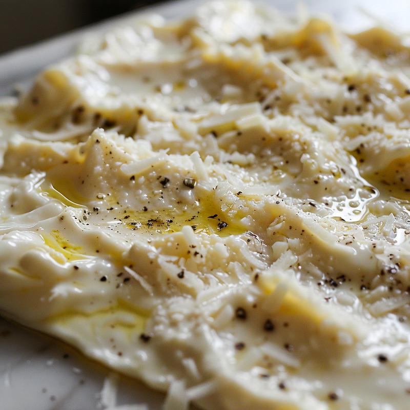 Creamy white sauce with visible cheese flecks on a marble surface.