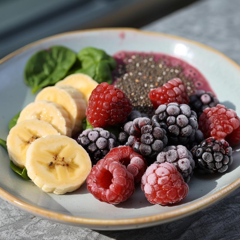 Close-up of a fruit smoothie with visible berries, banana, and spinach.