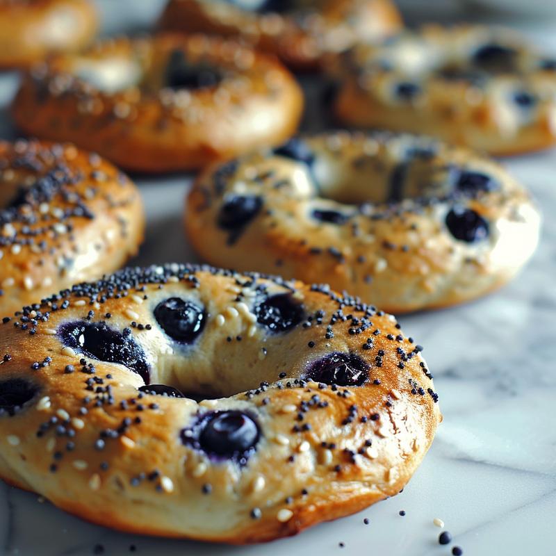 Close-up of a blueberry bagel, showcasing its texture and visible ingredients.