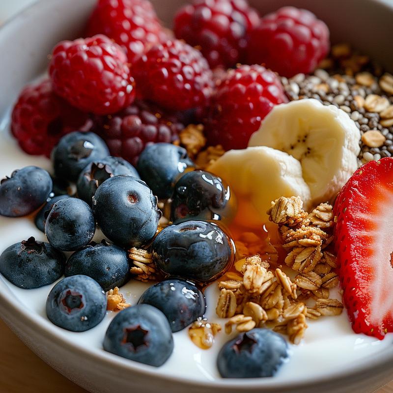 Close-up of a yogurt bowl with berries, granola, honey, and nuts on a wood surface.