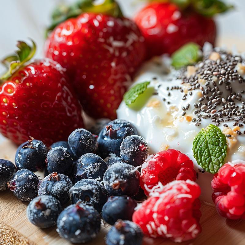 Close-up of a keto yogurt berry bowl with visible berries, seeds, and coconut.